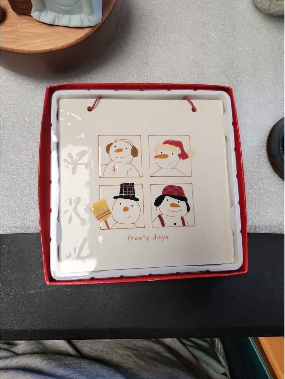 Hallmark Christmas Days Snowman Ceramic Trivet Wall Hanger 6" Square  NWT